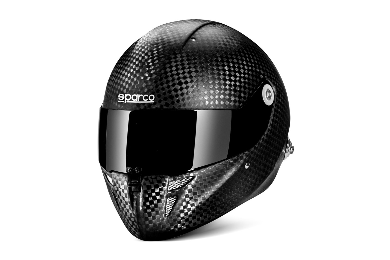 A studio shot of the Sparco Prime RF-10W helmet, showing its glossy carbon fiber weave and aerodynamic profile.