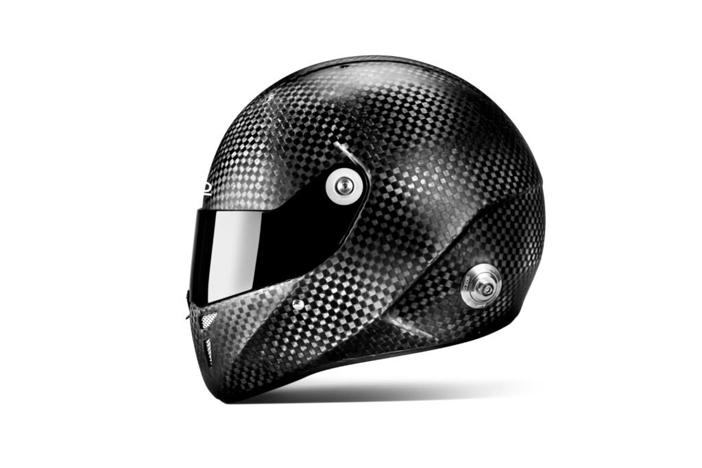 Detail view of the FIA 8860-2018 homologation sticker on the back of the Sparco Prime RF-10W helmet.