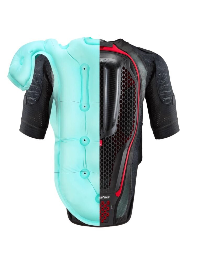 Diagram illustrating the full inflation coverage of the Tech-Air 7x, showing protection for the shoulders, chest, ribs, and back.