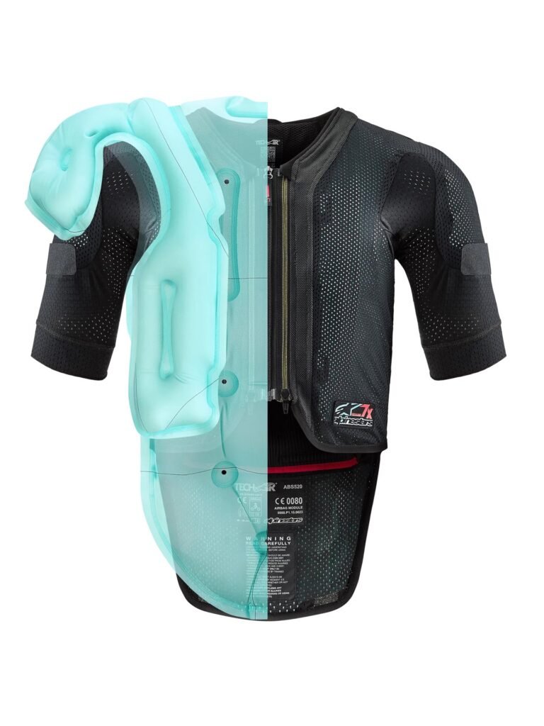 Diagram illustrating the full inflation coverage of the Tech-Air 7x, showing protection for the shoulders, chest, ribs, and back.