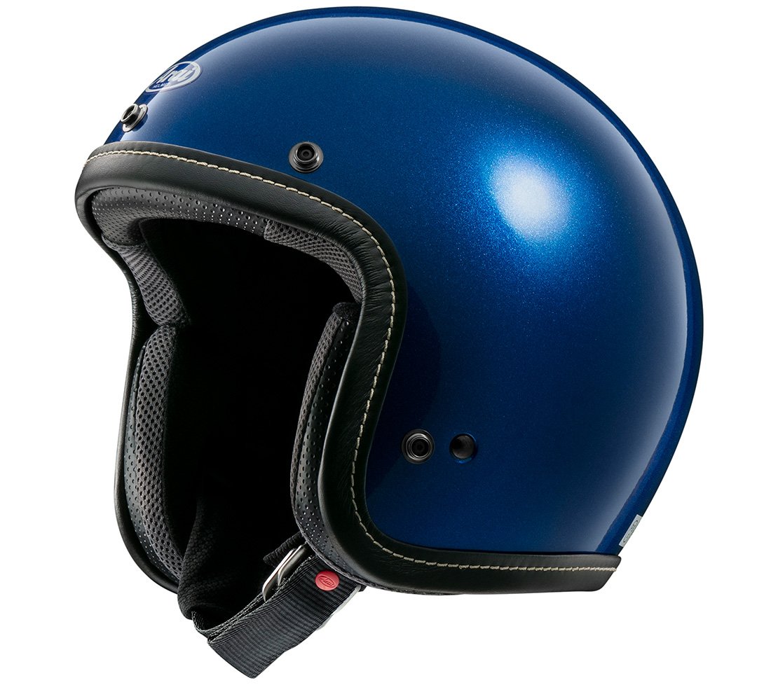 Close-up detail shot of the stitched faux leather trim and recessed edge on the Arai Classic-V helmet.