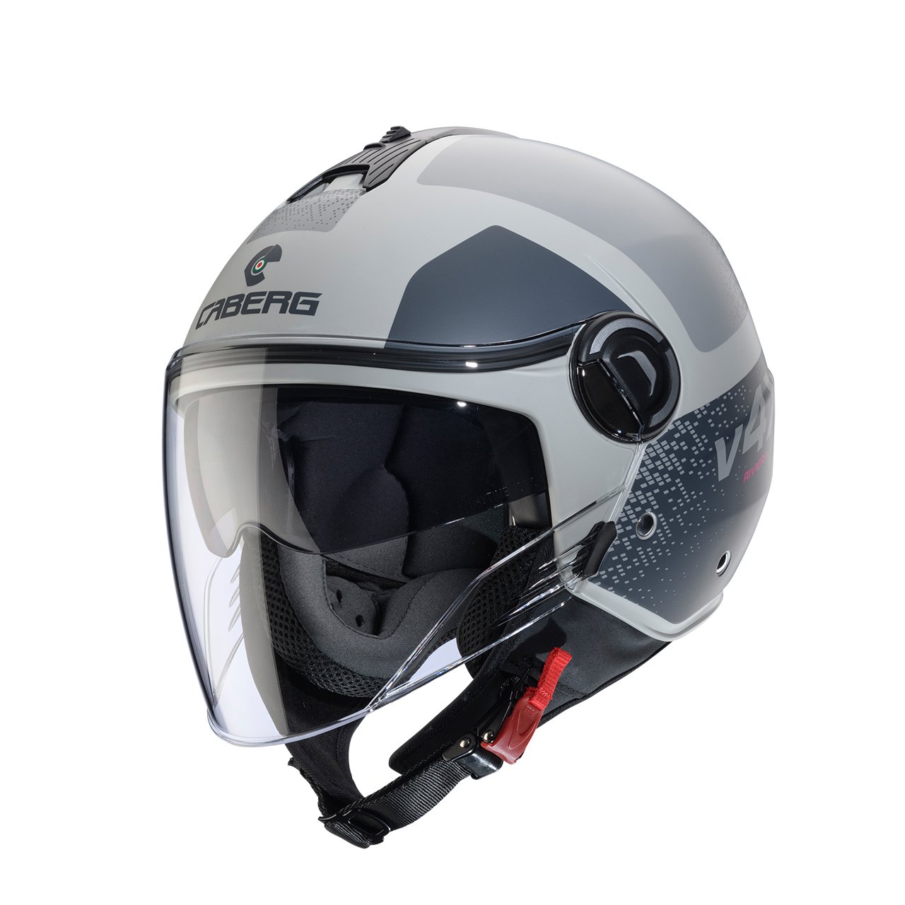 The Caberg Riviera V4 X helmet in matte gunmetal grey, shown in a three-quarter profile on a neutral background.
