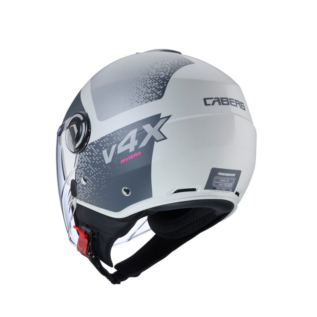 The fully removable, high-transpiring inner liner and cheek pads of the Caberg Riviera V4 X, displayed outside the helmet shell.