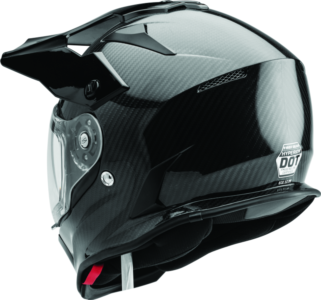 The Firstgear Hyperion Carbon helmet with its gloss carbon weave finish, shown on a neutral grey background.