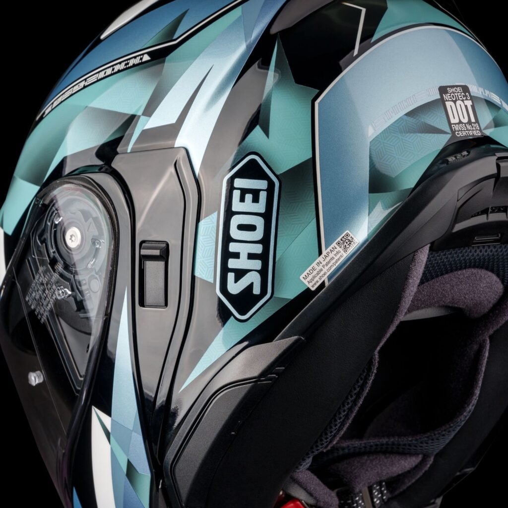 The Shoei Neotec 3 modular helmet in matte blue, shown from a three-quarter angle on a white background