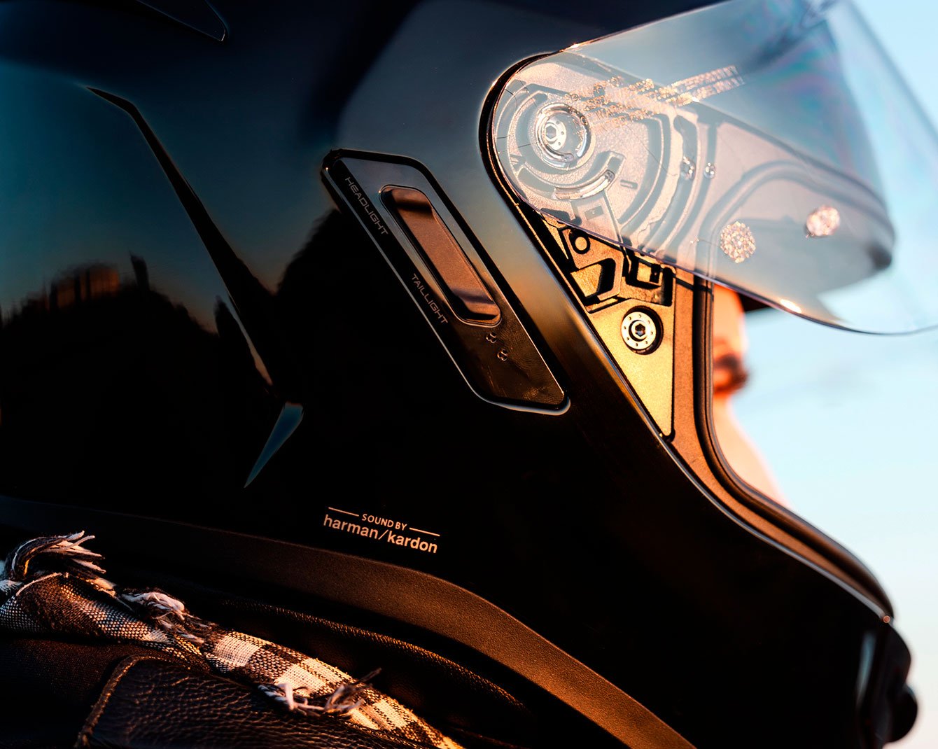 Close-up of the flush-mounted control panel for the Sena Phantom's integrated Bluetooth and communication functions