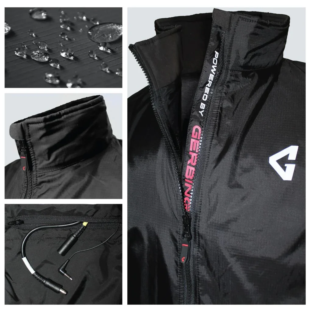 Close-up of the integrated power plugs on the sleeve cuff of the Gerbing heated jacket liner for connecting heated gloves.
