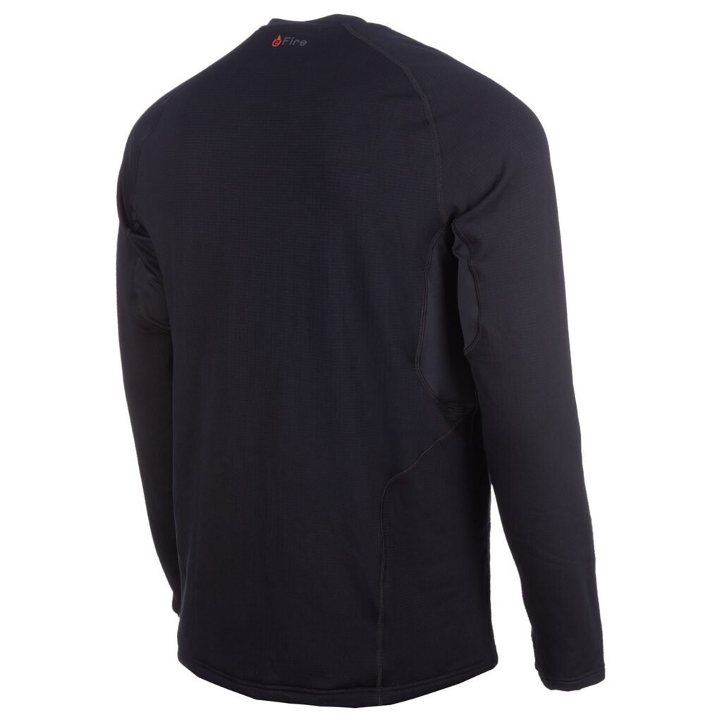The black Klim Aggressor -1.0 eFire Heated Shirt displayed on a mannequin, highlighting the chest-mounted control button.