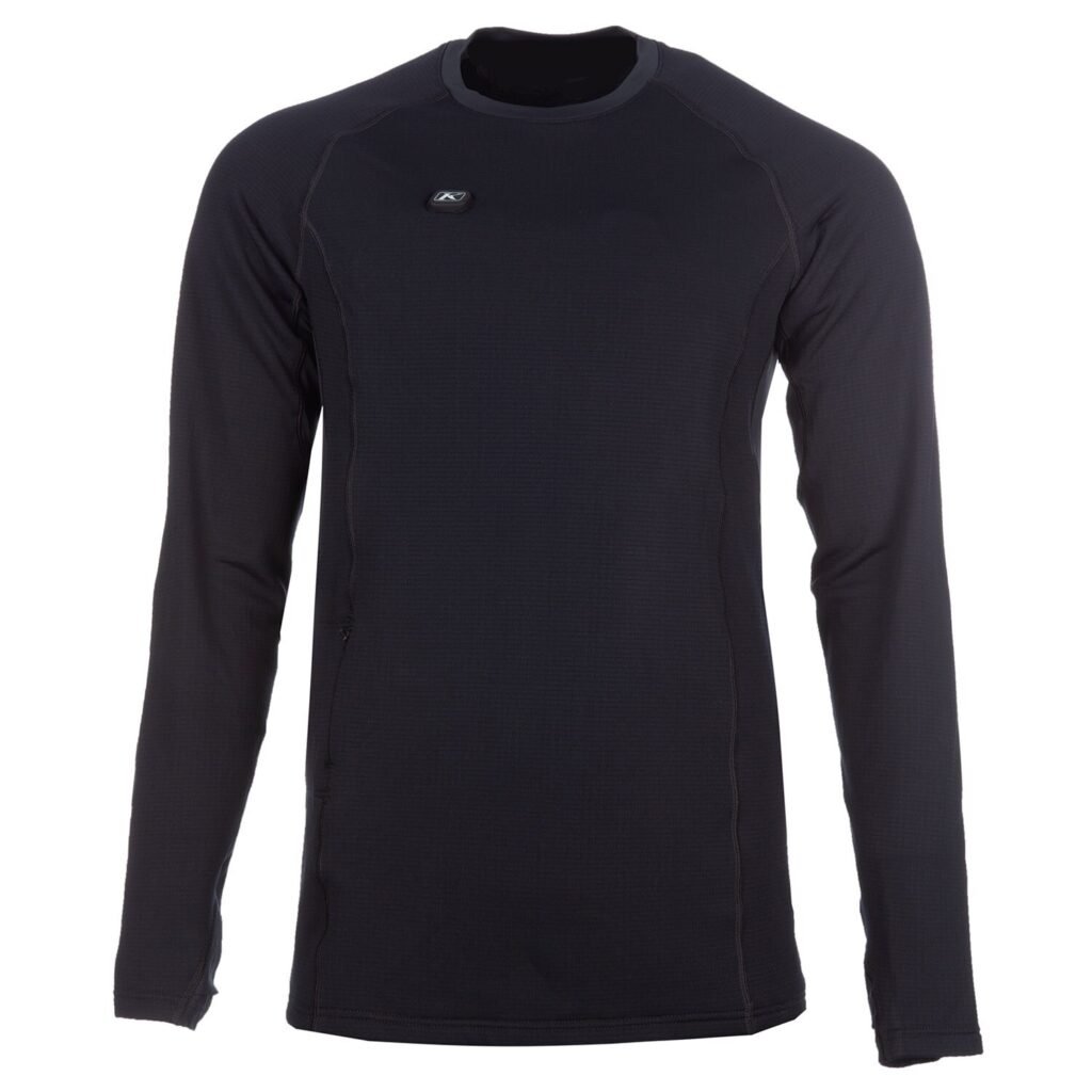 The black Klim Aggressor -1.0 eFire Heated Shirt displayed on a mannequin, highlighting the chest-mounted control button.
