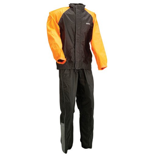 The black Z1R Rain Suit jacket and pants displayed on a mannequin.