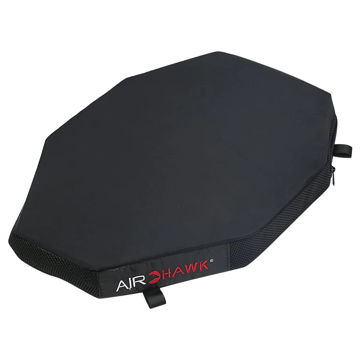 The Airhawk R Small Cushion displayed on the seat of a black cruiser motorcycle, showing its compact fit.
