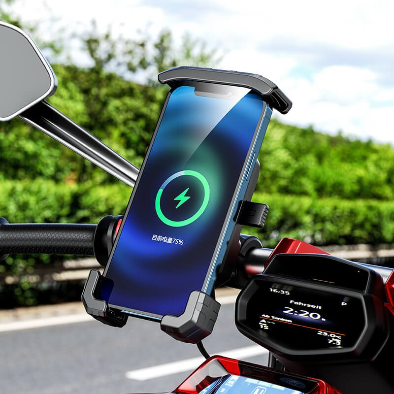 The KEWIG waterproof motorcycle phone mount with integrated wireless and USB-C charging, shown mounted on motorcycle handlebars.