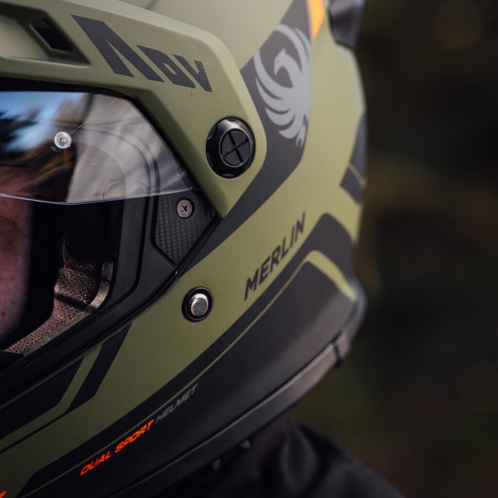 A close-up detail shot of the Merlin Torres helmet's chin vent and the texture of the fiberglass composite shell.