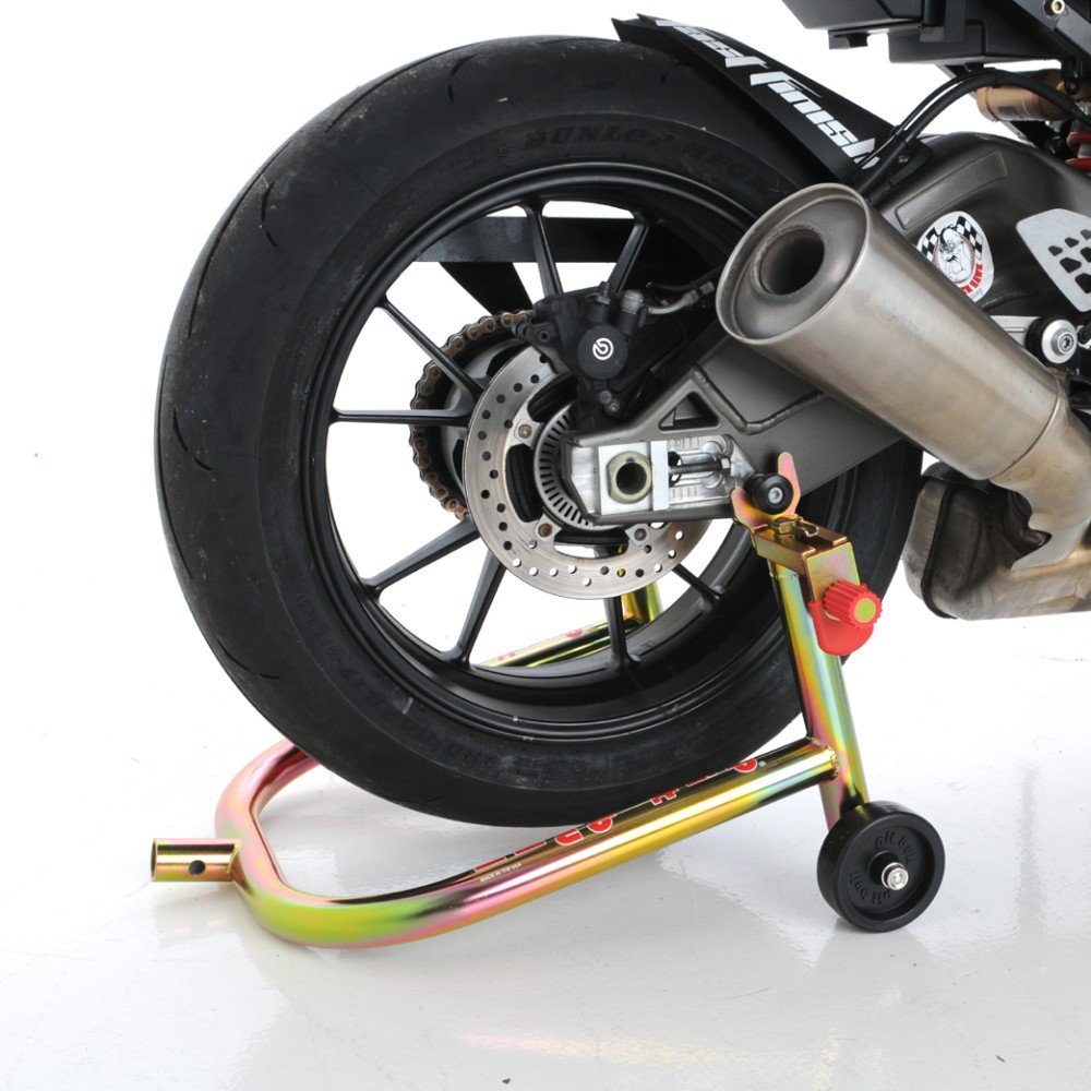 A sport motorcycle securely elevated on the Pit Bull SS Rear Stand, demonstrating its stability and lift height.