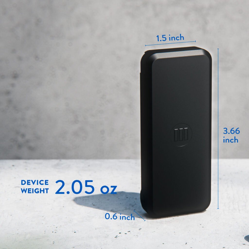 The compact Monimoto 9 GPS tracker unit held in hand to show its small scale