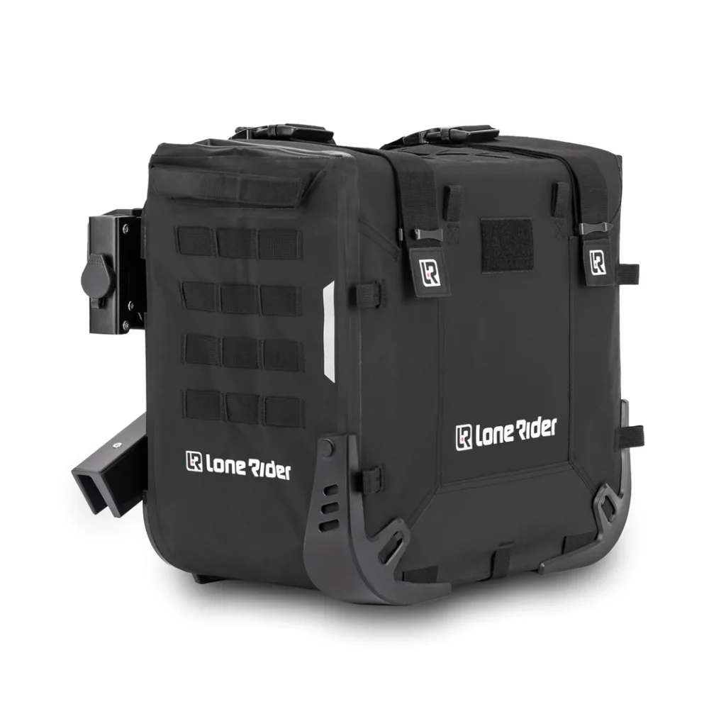 The Lone Rider Rackless MotoBags mounted on a BMW R1250GS, showing their slim profile without external pannier racks.