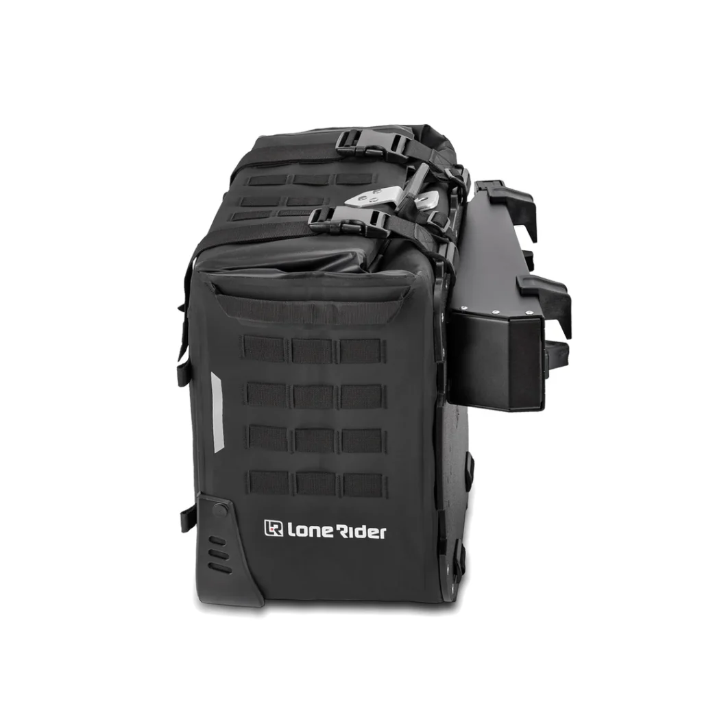 The integrated M.O.L.L.E. panel on the rear of the Lone Rider MotoBag with an accessory pouch attached.