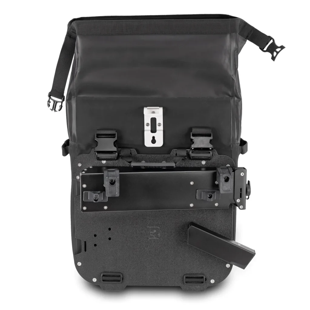 Close-up detail of the Hypalon fabric and replaceable rubber corner protector on the Lone Rider MotoBag.
