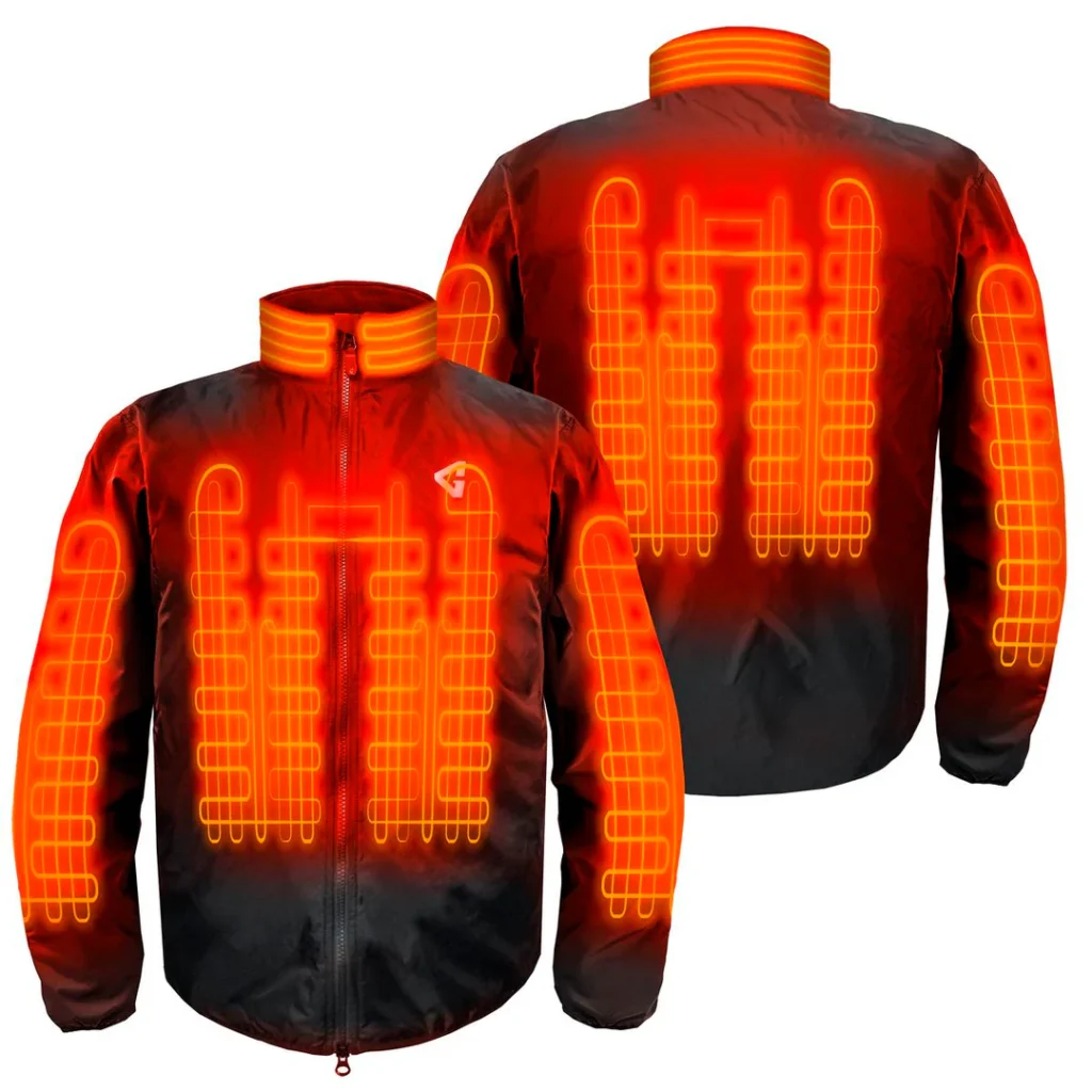 The black Gerbing 12V heated jacket liner laid flat to show its full shape and integrated wiring.