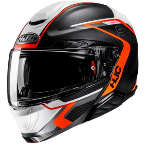 The HJC RPHA 91 Carbon helmet in a gloss finish, showcasing the visible carbon fiber weave on a studio background.